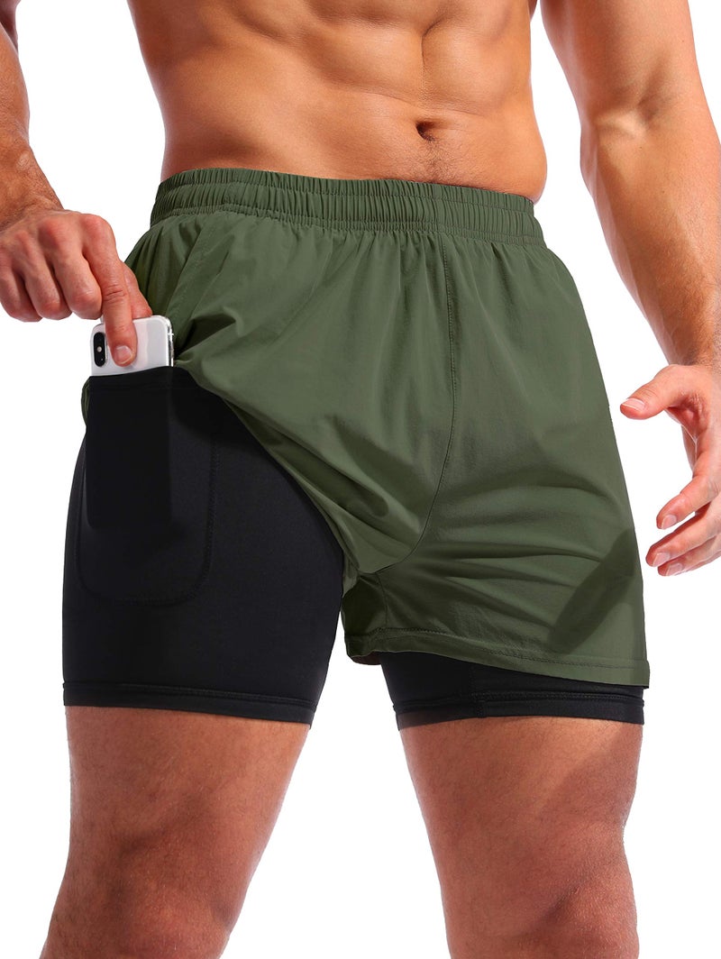 Pudolla Menâ€™s 2 in 1 Running Shorts 5" Quick Dry Gym Athletic Workout Shorts for Men with Phone Pockets(Dark Green Medium) - Image 1